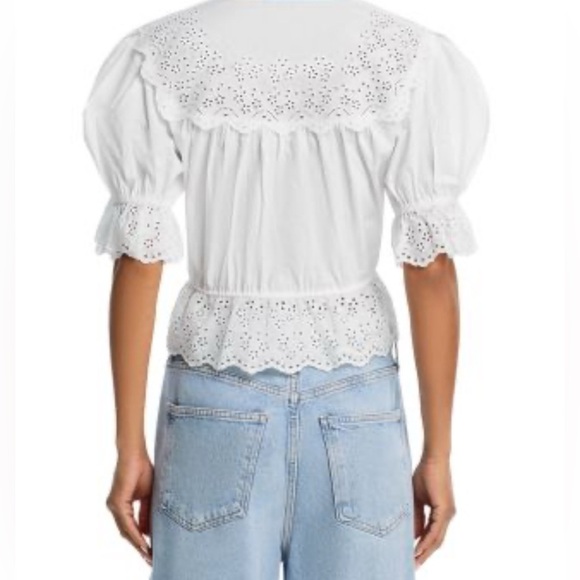 AQUA EYELET PUFF SLEEVE TIE TOP – FLIRTY & FEMININE, SIZE: M - Picture 4 of 10